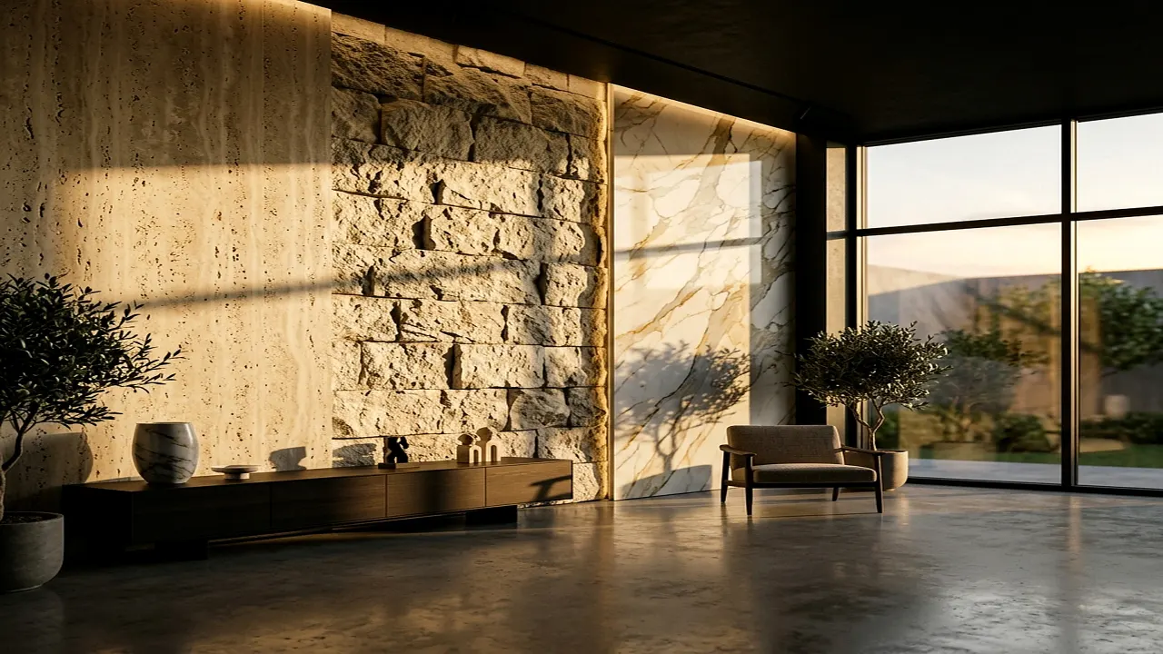 Doğal taş showroom: traverten ve mermer duvar uygulaması